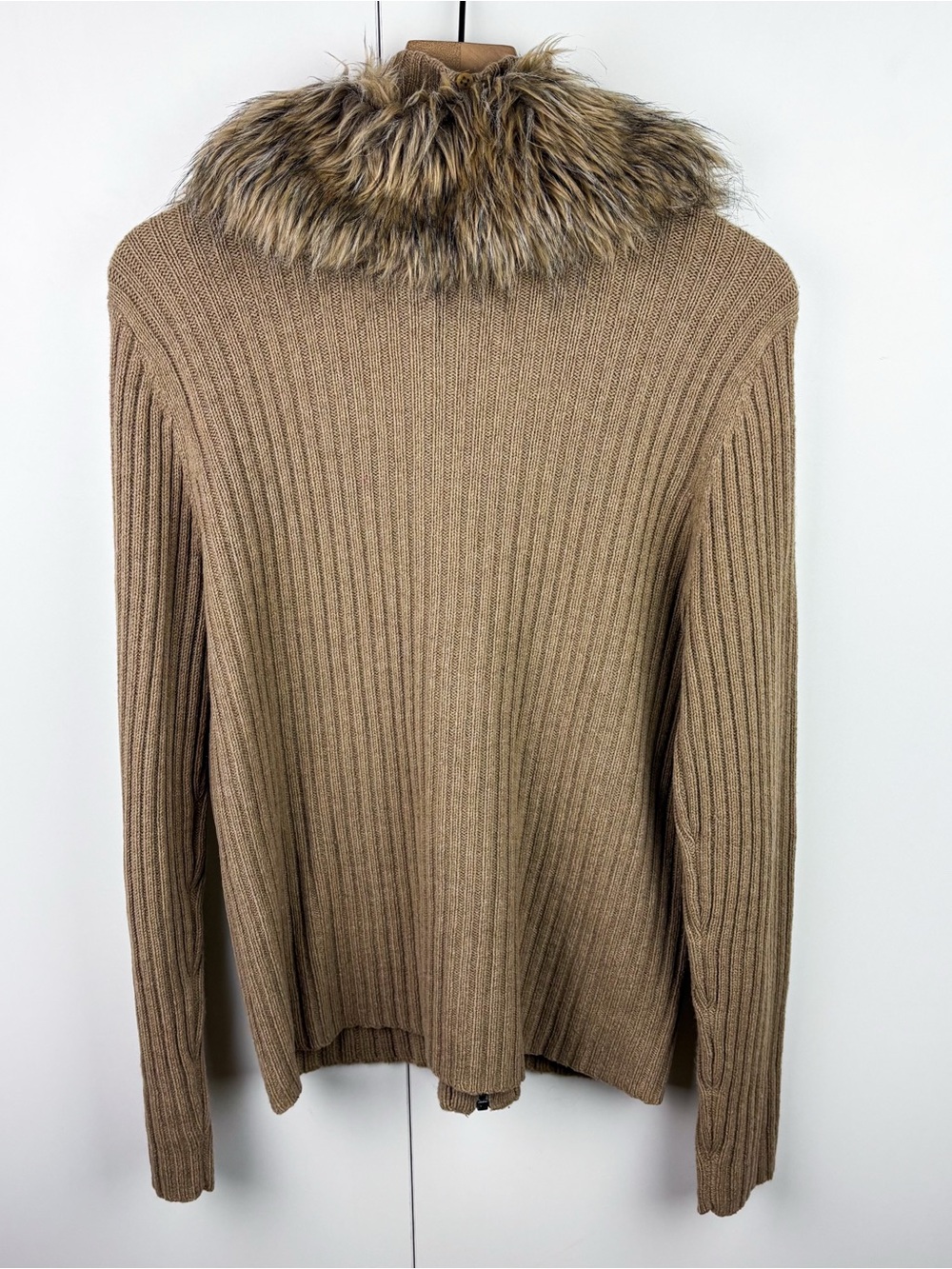 Ralph Lauren Vintage Fair Isle Fur Hooded Zip Cardigan Wool Angora Cashmere Tan - Picture 6 of 6